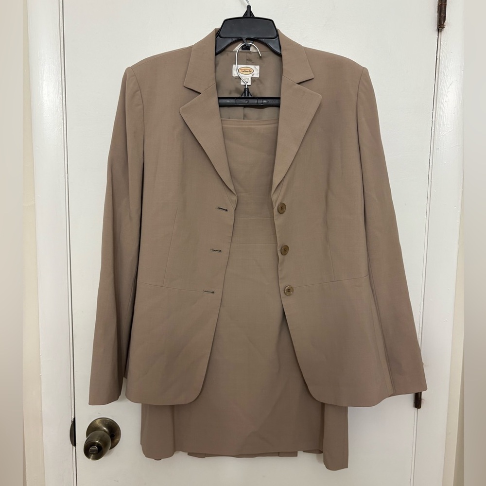 Vintage Talbots Skirt Suit Set Size 10 Tan Beige Wool Blend Japan Minimalist